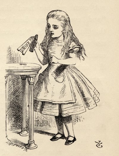 Alice peering at the Drink Me bottle, from 